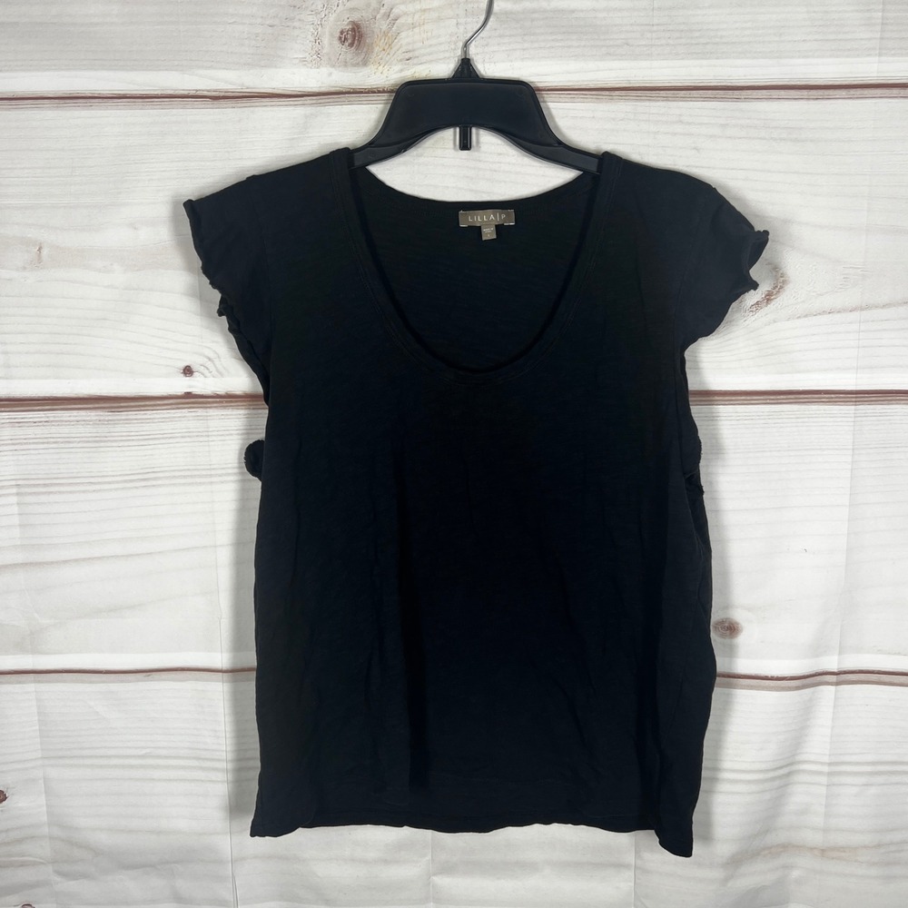 Lilla P Flutter Sleeve T-Shirt Womens Large Black Solid Cotton Top Minimalist